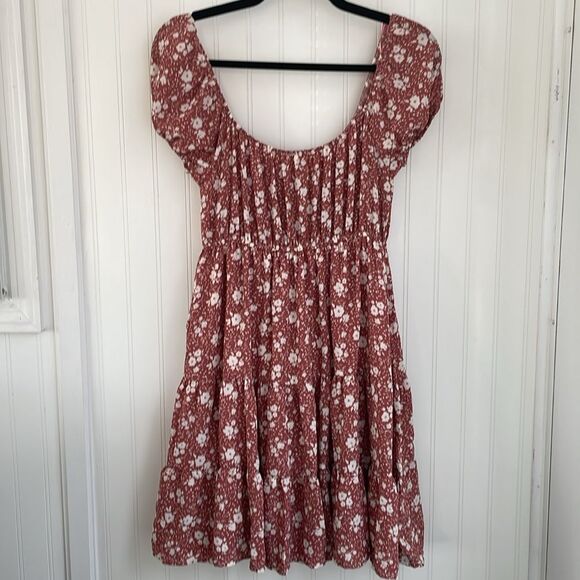 MINE Peasant Babydoll Milkmaid Off-the-shoulder Mini Tiered Dress Dusty Rose S - Picture 7 of 14